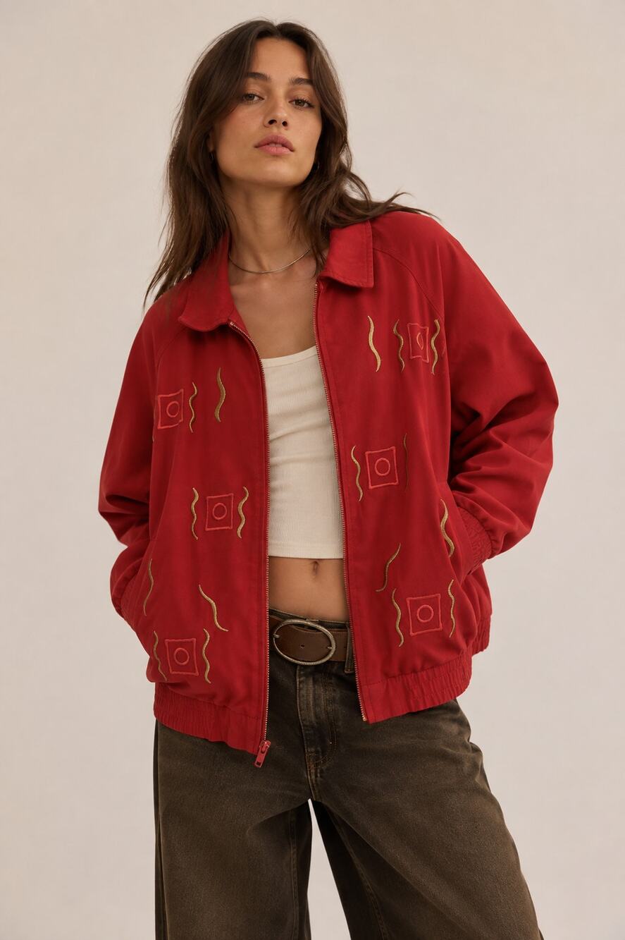 VTG 80s 90s Saint Germain Embroidered Red Bomber Jacket L Artsy Boho Eclectic